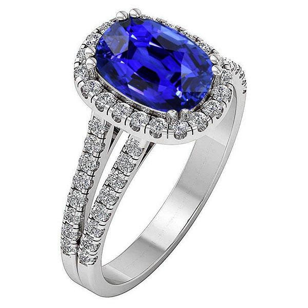 68174 5 CT Oval Shaped Halo Blue Split Shank Diamond Sapphire Ring, Size 6.5