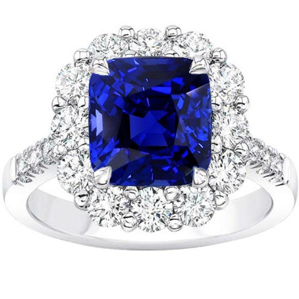 5.50 CT Halo Cushion Deep Blue Sapphire Ring & Diamond, Size 6.5