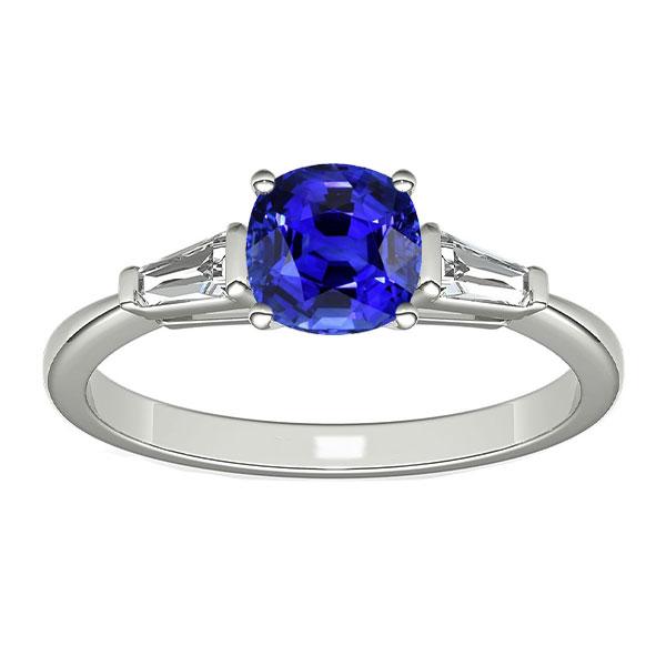 1.75 CT White Gold 3 Stone Cushion Sapphire Ring & Baguette Diamonds, Size 6.5