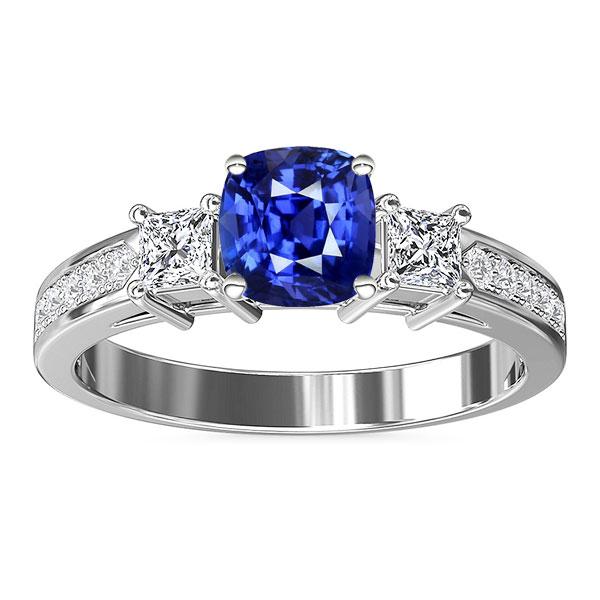 3.50 CT Princess & Round Diamond Cushion Sapphire Ring, Size 6.5