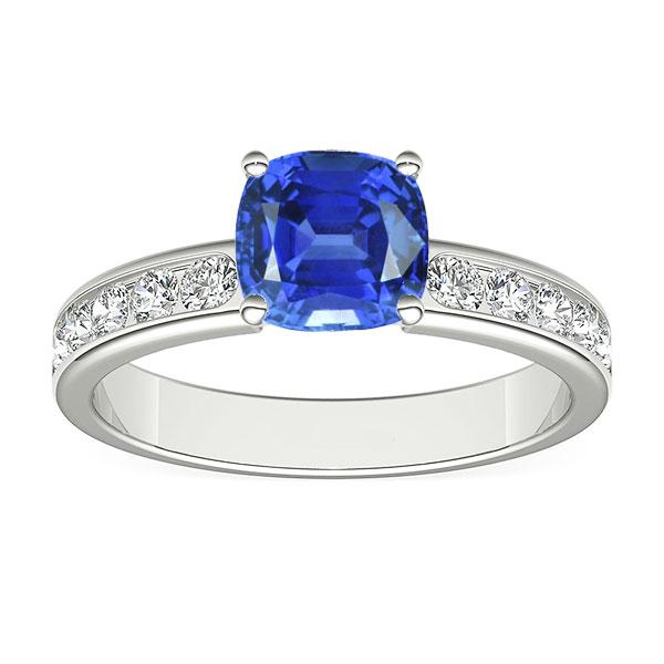 3.50 CT Round Diamond Cushion Sapphire Gemstone Ring, White Gold - Size 6.5