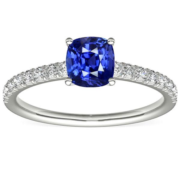 3 CT Gold Solitaire Cushion Cut Sapphire Ring & Pave Set Diamonds, Size 6.5