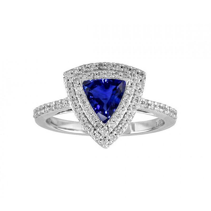 68593 Double Halo Trillion Blue 2 CT Accented Diamonds Sapphire Ring, Size 6.5