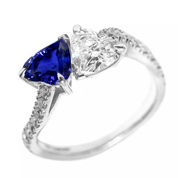 68604 2.50 CT Toi et Moi Trillion Diamond Sapphire Wedding Ring, 14K Gold - Size 6.5