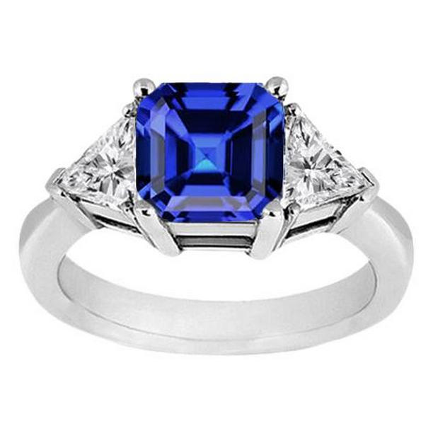 68620 3 Stone Asscher 2 CT Basket Set Diamonds Trillion Cut Sapphire Ring, Size 6.5