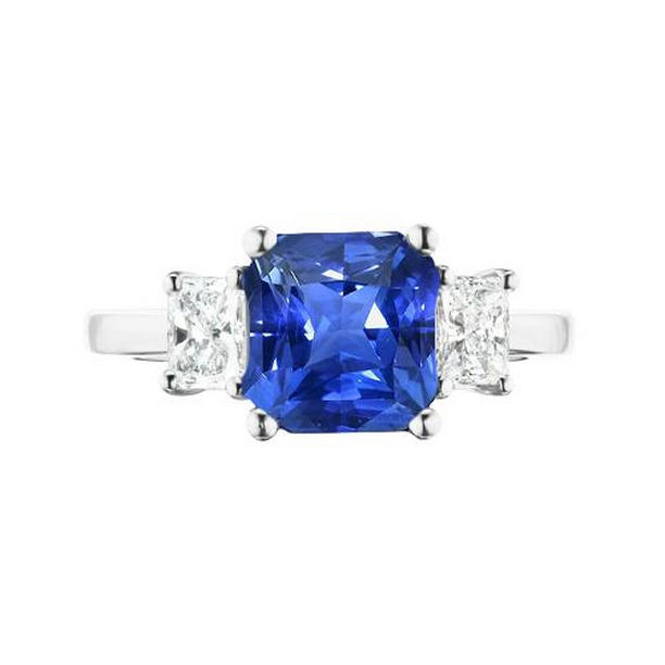 2 CT Radiant Diamond & Blue 3 Stone Gemstone Sapphire Ring, Size 6.5
