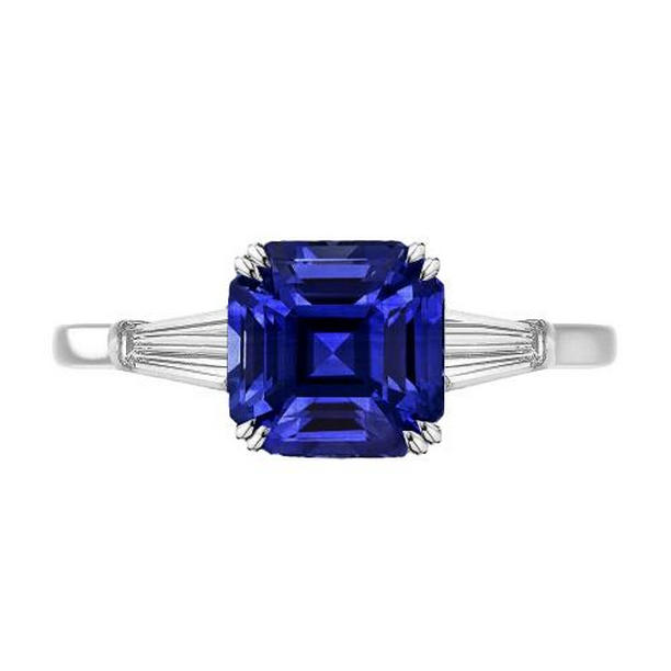 68624 2 CT Baguette Diamond 3 Stone Deep Blue Asscher Cut Sapphire Ring, Size 6.5
