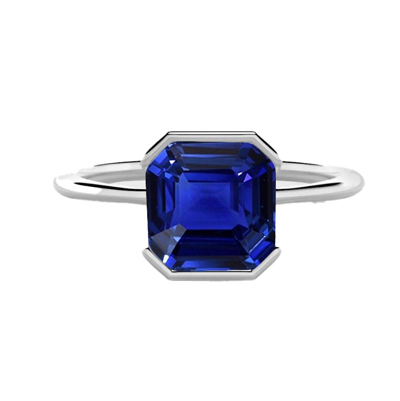 68627 Gold 2 CT Asscher Ceylon Sapphire Half Bezel Set Solitaire Ring, Size 6.5