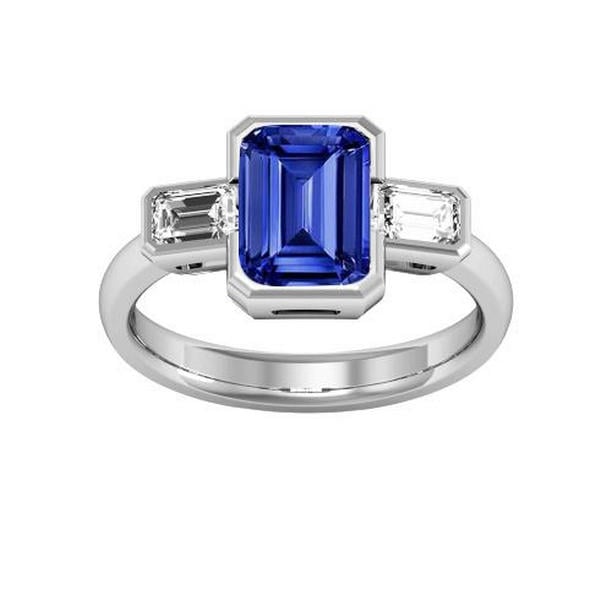 68634 1.75 CT Three Stone Emerald Diamond Sapphire Ring Half Bezel Set, Size 6.5