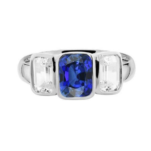 68641 3 CT 3 Stone Emerald Diamond & Ceylon Bezel Set Gold Sapphire Ring, Size 6.5