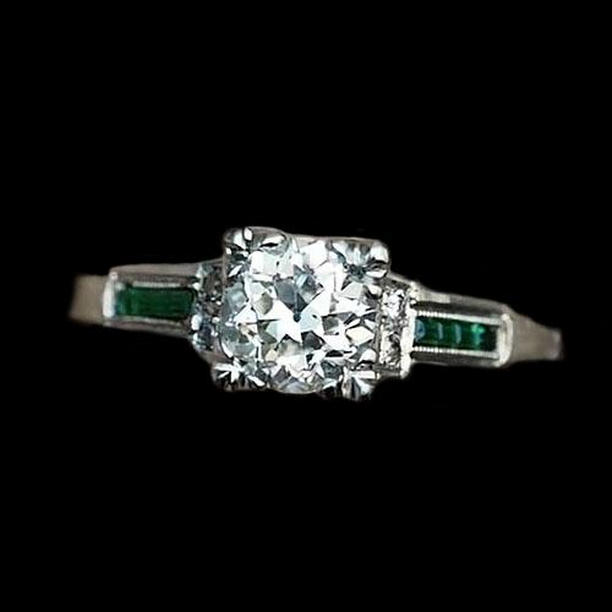 1.75 CT Old Cut Round Diamond & Green Emerald Anniversary Ring, Size 6.5