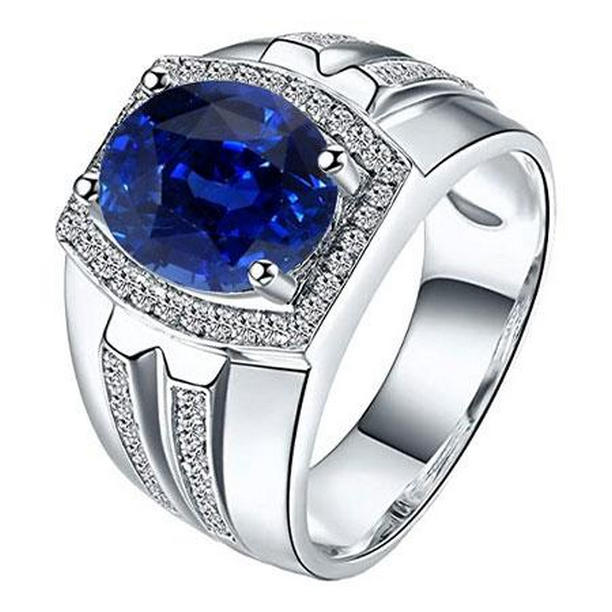 Picture of Harry Chad Enterprises 69575 4 CT White Gold Mens Halo Diamond Oval Blue Sapphire Ring&#44; Size 8