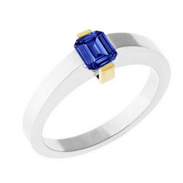 Picture of Harry Chad Enterprises 69579 Two Tone 1 CT Blue Sapphire Emerald Cut Gold Solitaire Ring, Size 6.5