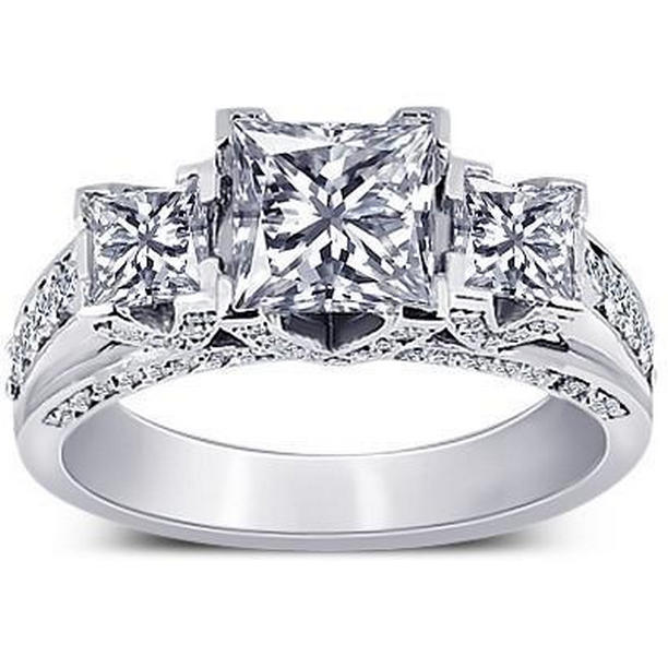 Princess & Round Diamond 3 CT 3 Stone Style Engagement Ring, Size 6.5