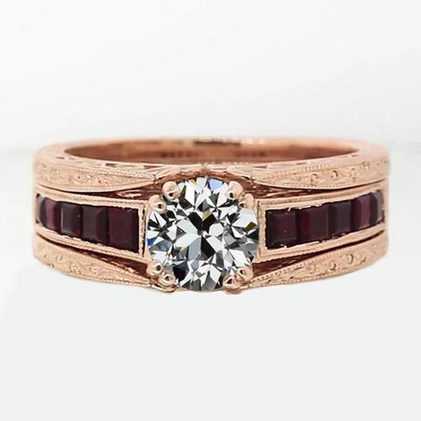 2 CT Wedding Ring Set Old Cut Diamond & Rubies Double Prong Set, Size 6.5