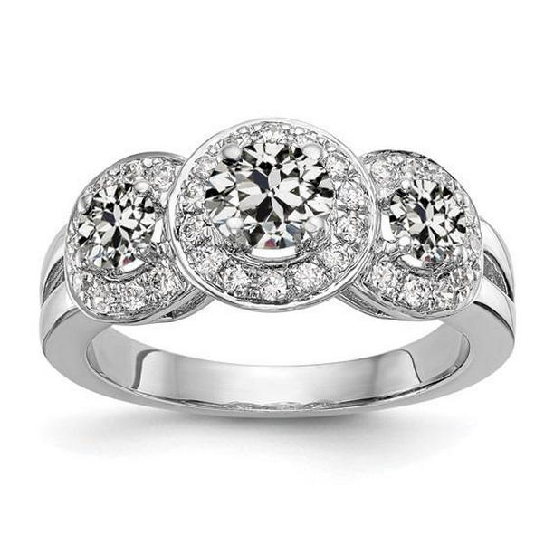 70739 4.25 CT Halo Round Old Cut Diamond 3 Stone Style Wedding Ring, Size 6.5