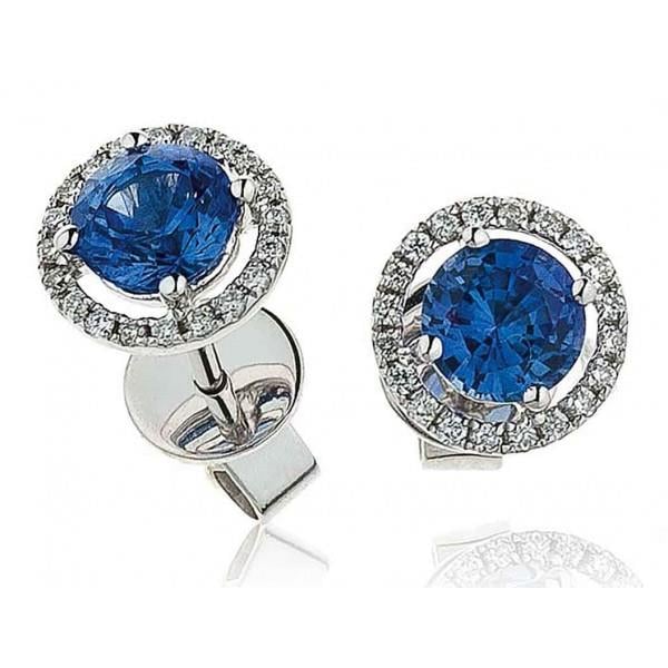 2.10 CT Sri Lankan Sapphire Halo Diamond Stud Earring, 14K White Gold