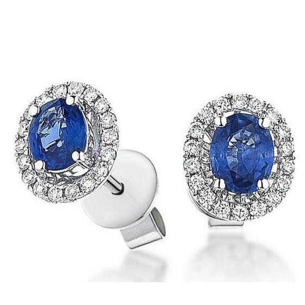3.36 CT Oval Cut Ceylon Blue Sapphire Halo Diamond Stud Earring, 14K White Gold