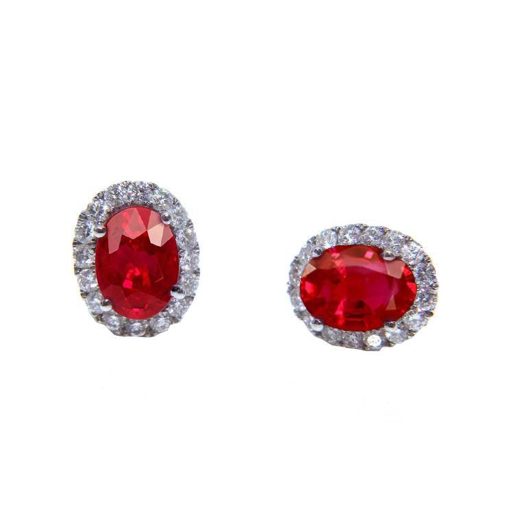 2.50 CT Red Oval Cut Ruby & Diamond Stud Halo Earring, 14K White Gold