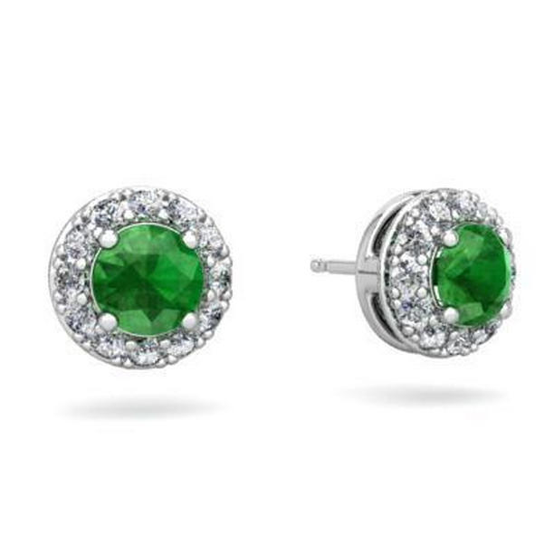 Green Emerald & Diamonds 5 CT Halo Stud Earrings, 14K White Gold