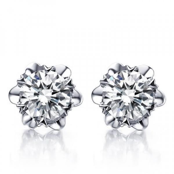 54606 2 CT Prong Set Round Flower Shape Diamond Stud Earring, 14K Gold