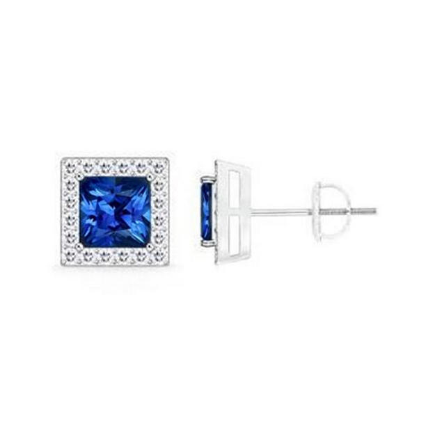 3.30 CT Princess Sri Lanka Blue Sapphire Diamond Stud Earring