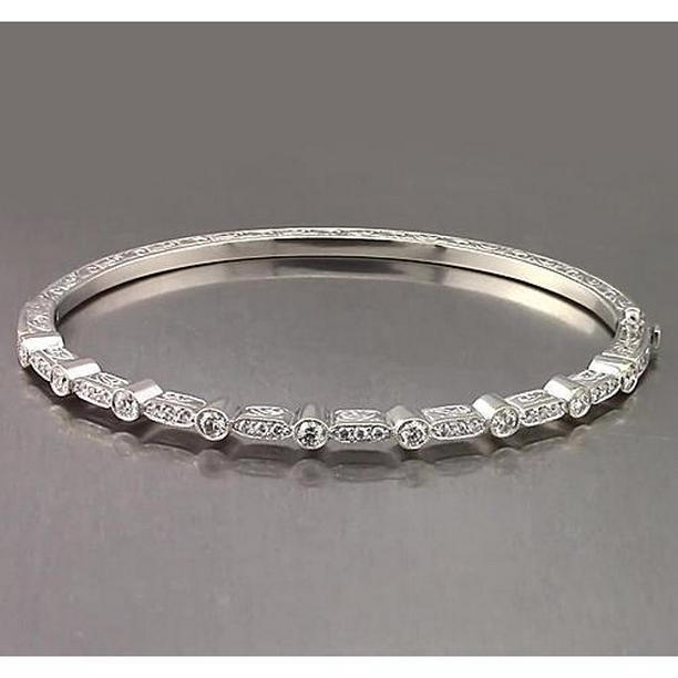 56618 1.40 CT Filigree Style Diamond Bangle, 14K White Gold