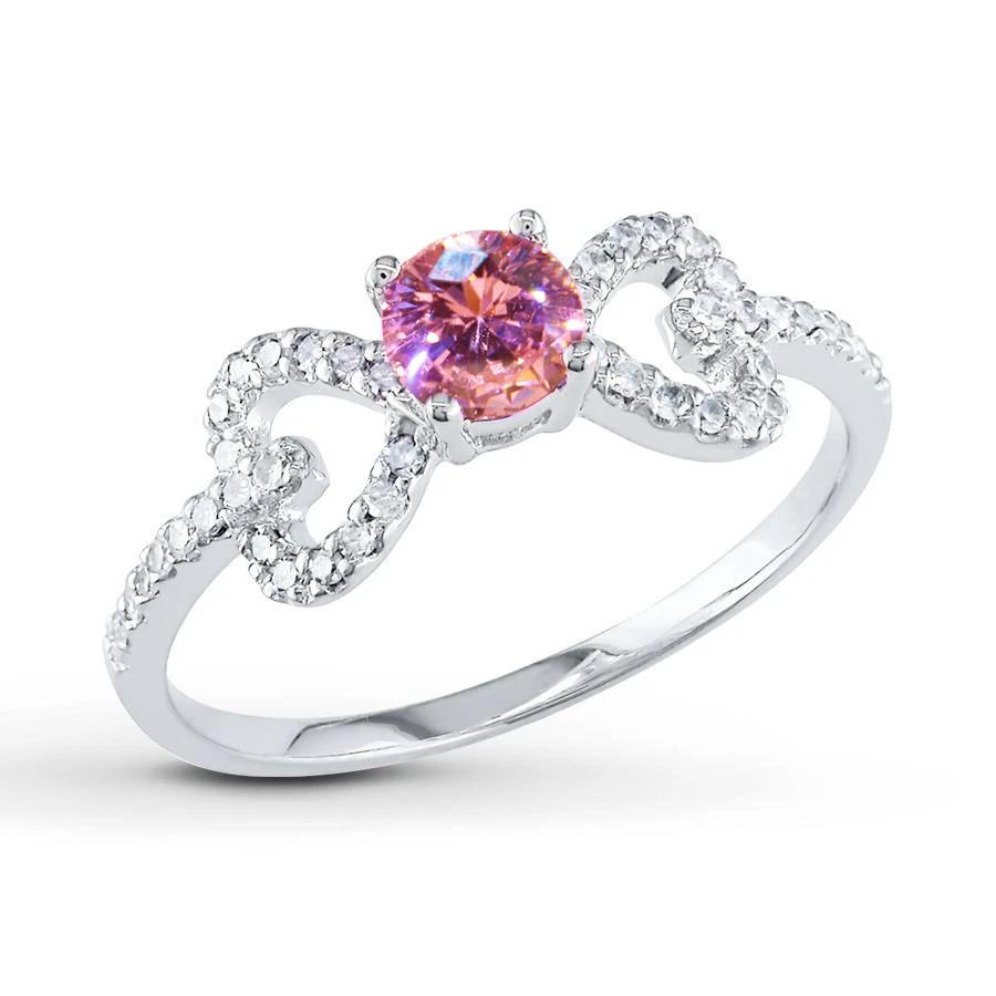 58759 Round Cut 3 CT Pink Sapphire & Diamonds Fancy Ring, 14K White Gold - Size 6.5
