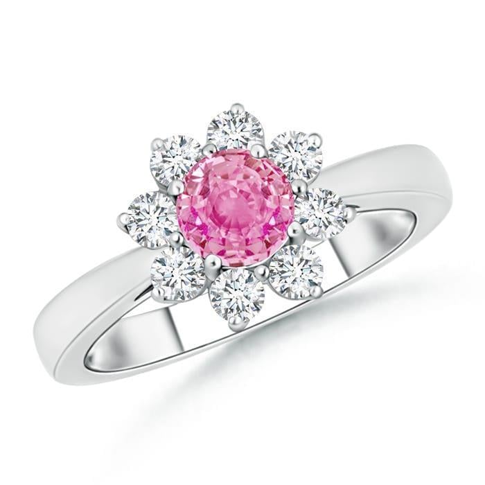 58761 Pink Sapphire & Round Diamonds 3.60 CT Wedding Ring, 14K White Gold - Size 6.5