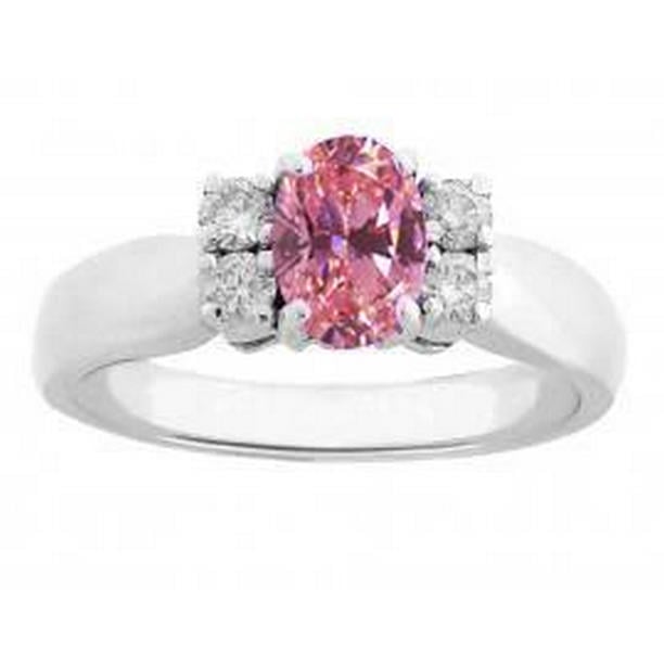 58764 2.10 CT Oval & Round Cut Pink Sapphire Diamonds Ring, 14K White Gold - Size 6.5