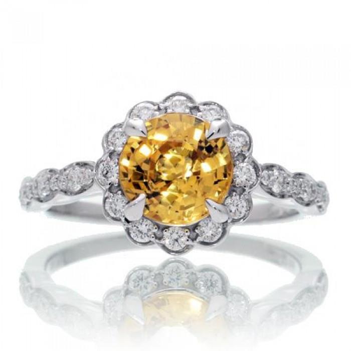 58765 4 CT Yellow Sapphire & Diamonds Ring, 14K White Gold - Size 6.5
