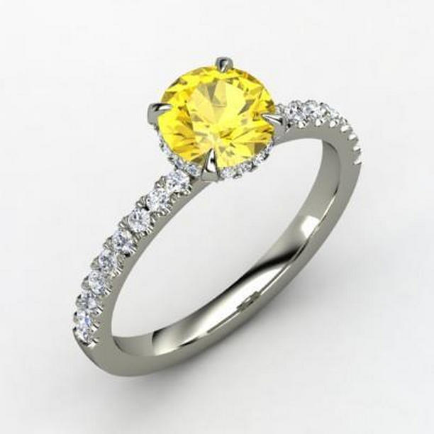58766 3.50 CT Round Yellow Sapphire Diamond Wedding Ring, 14K White Gold - Size 6.5