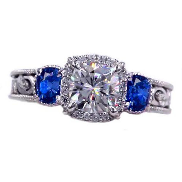 58818 Antique Style 3 CT Blue Sapphire Pattern Milgrain Ring, Size 6.5