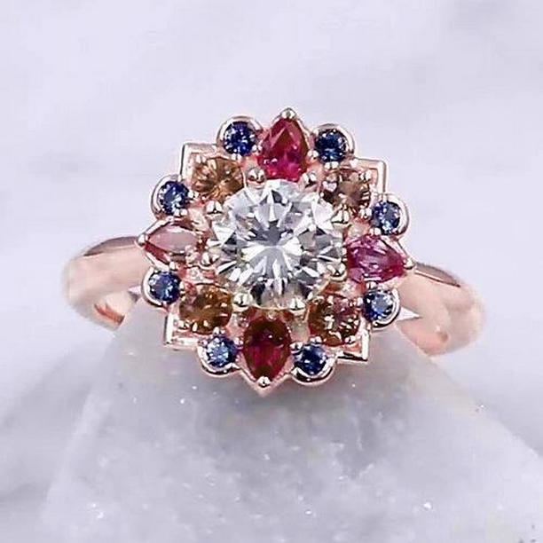 2.50 CT Diamond Lotus Flower Sapphire Rose Gold Halo Ring, Size 6.5