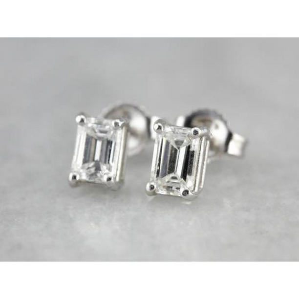 58858 14K White Gold 1 CT Emerald Cut Diamond Womens Stud Earring