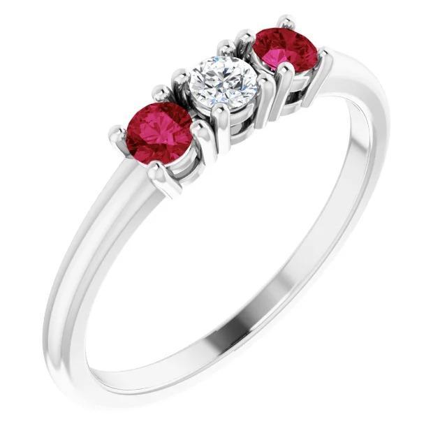 59932 0.60 CT 3 Stone Round Diamond Ruby Ring, 14K White Gold - Size 6.5