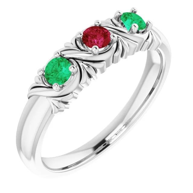 3 Stone 0.60 CT Antique Style Ruby Green Emerald Ring, Size 6.5