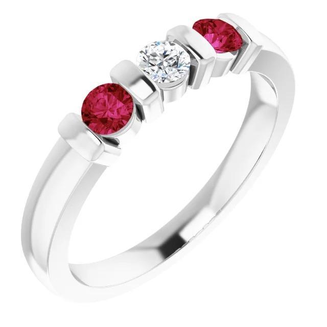 59947 0.90 CT Three Stone Diamond Ruby Ring, 14K White Gold - Size 6.5
