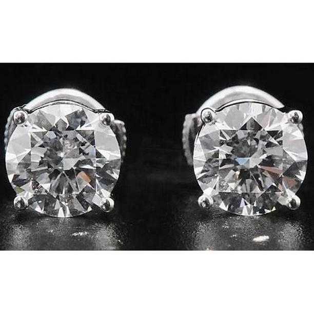 Diamond 2 CT Four Prong Round Stud Earrings, 14K White Gold