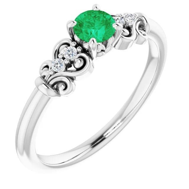 60759 Diamond Round Green Emerald 1.40 CT 14K White Gold Ring, Size 6.5