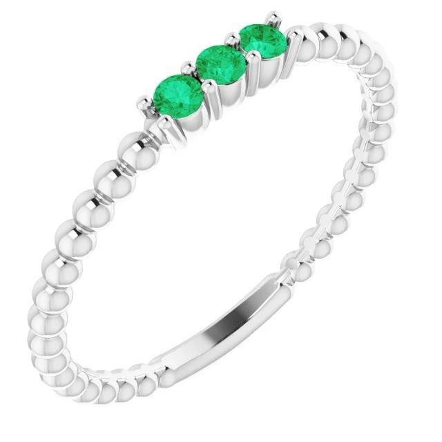 60766 1.20 CT Three Stone Round Green Emerald Ring, Size 6.5