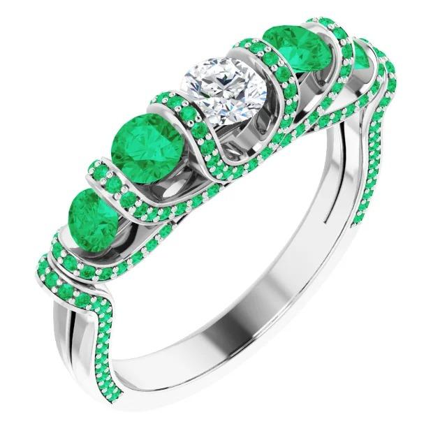 3.90 CT Unique Style Round Diamond Green Emerald Ring, Size 6.5