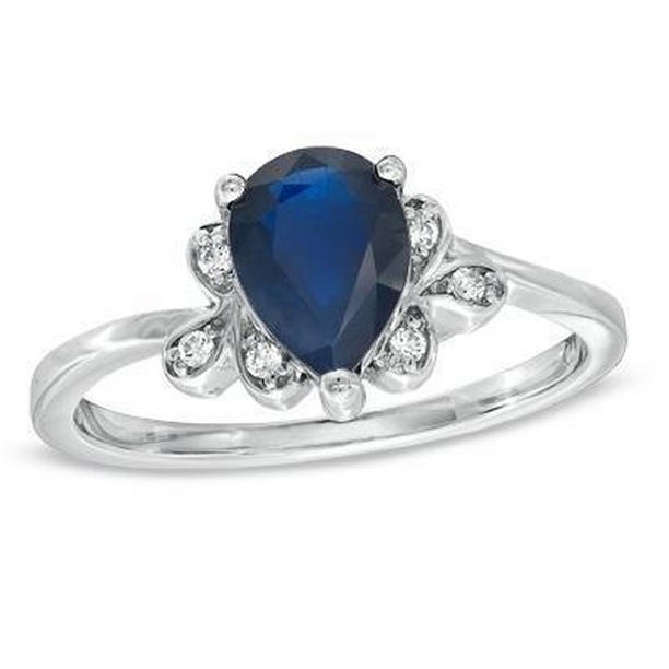 60801 2.30 CT Ceylon Sapphire Pear Cut & Diamonds Anniversary Ring, 14K Gold - Size 6.5