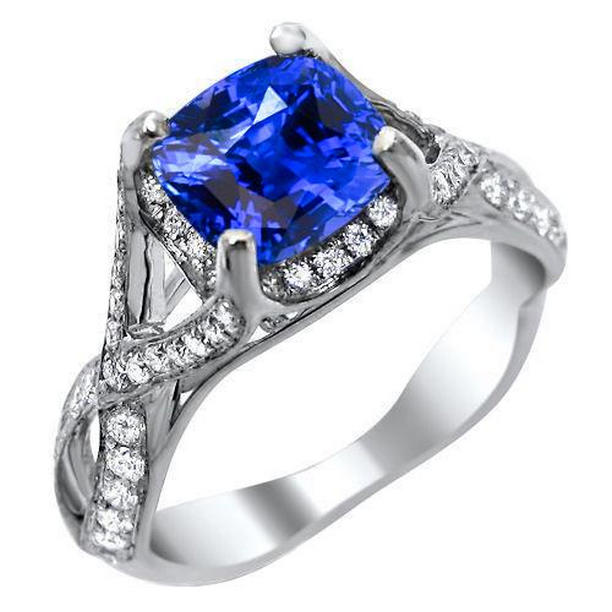 60803 Sri Lankan Sapphire with Diamond 4.50 CT Wedding Ring, 14K White Gold - Size 6.5