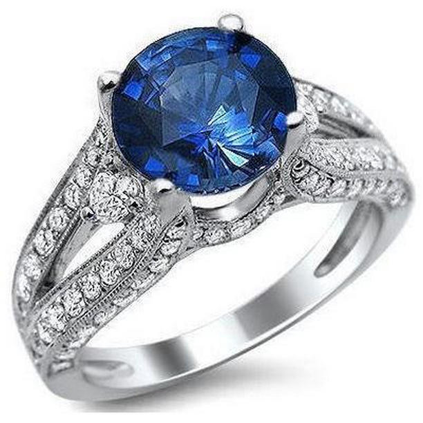 60805 4 CT Ceylon Blue Sapphire with Diamonds Ring, 14K White Gold - Size 6.5