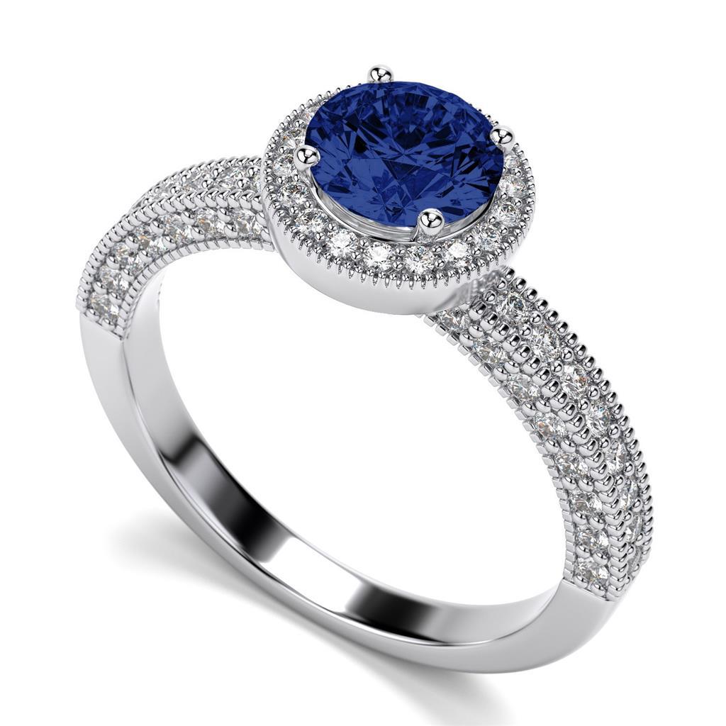 60806 Ceylon Blue Sapphire & Diamonds Anniversary Ring, 14K White Gold - Size 6.5