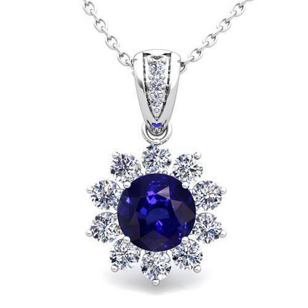 60807 3 CT 14K White Gold Diamond Ceylon Blue Sapphire Pendant