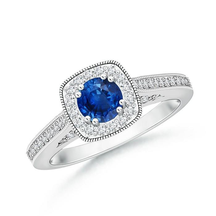 60813 3.25 CT Round Sapphire & Diamonds Halo Ring, 14K White Gold - Size 6.5