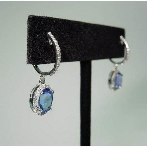 3.64 CT Oval Ceylon Sapphire & Round Diamonds Dangle Hoop Earrings