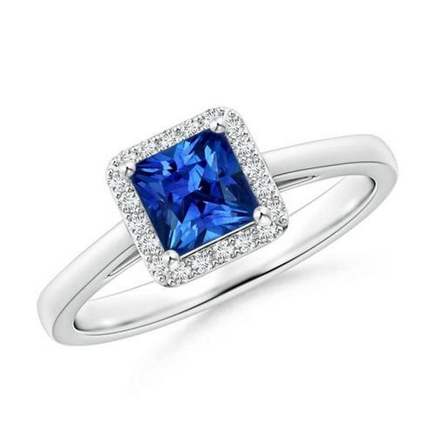 60820 3.50 CT Princess & Round Sri Lanka Sapphire Diamond Ring, White Gold - Size 6.5